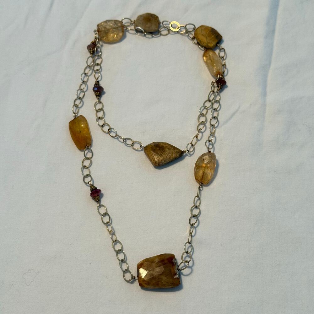Vintage - Tigers Eye - & Citrine Necklace -  Continuous Strand - Approx 40"